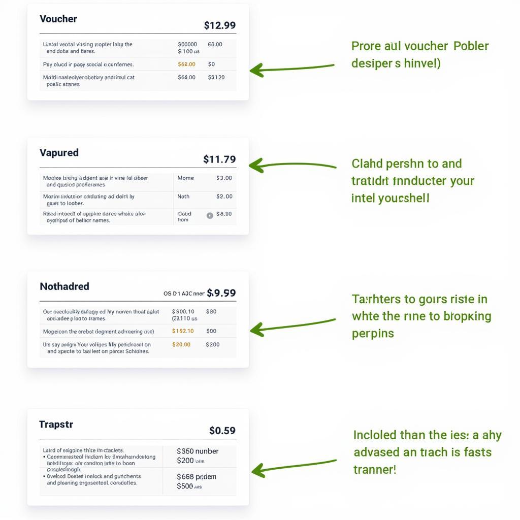 Examples of different airport transfer voucher types, showcasing options for one-way transfers, return trips, and specific airport pickups/drop-offs.