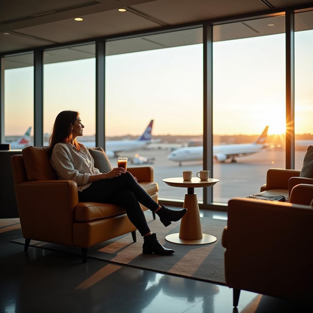 Relaxing in a Dreamfolks Partner Lounge: A traveler relaxing in a comfortable chair in an airport lounge, enjoying a drink and the peaceful atmosphere.