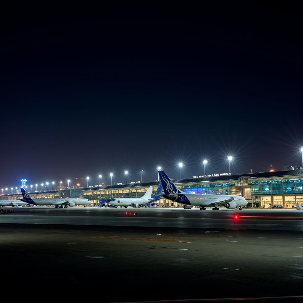 Dubai International Airport illuminated at night