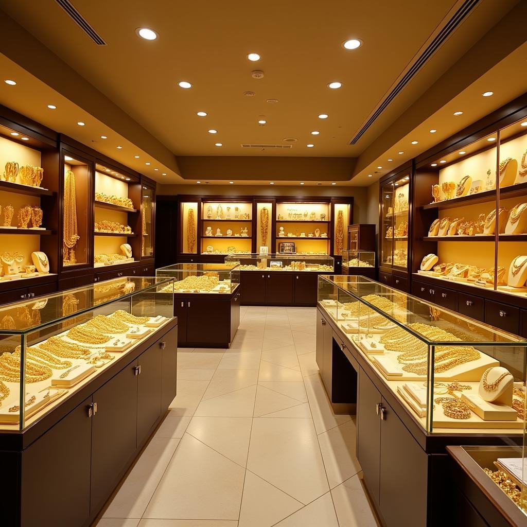 Dazzling display of gold jewelry at a Dubai Airport gold shop.