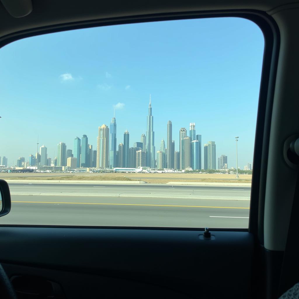 View of the Dubai skyline from inside a taxi.