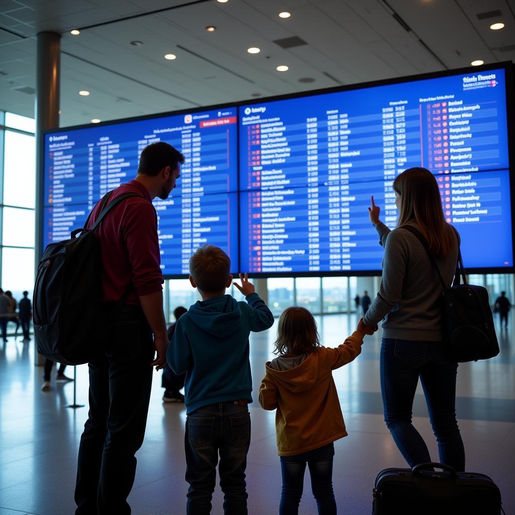 Family Checking Airport Flight Schedule on Display Screen