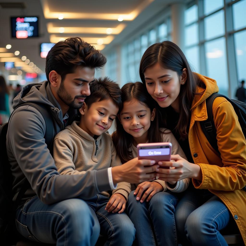 Family Checking Flight Status on Mobile at Airport