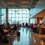 Passengers enjoying the various amenities at Leonardo da Vinci International Airport, including dining and shopping options.