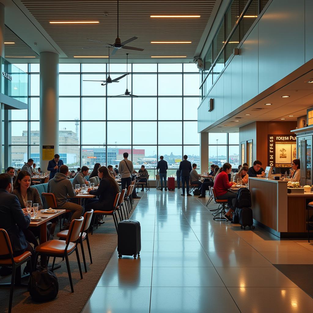 Passengers enjoying the various amenities at Leonardo da Vinci International Airport, including dining and shopping options.