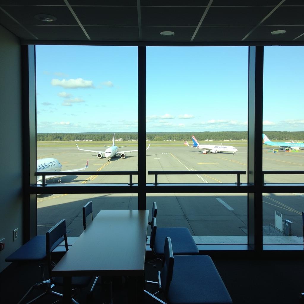 View from the departure lounge of a Finland airport, looking out at airplanes on the tarmac and the surrounding landscape.