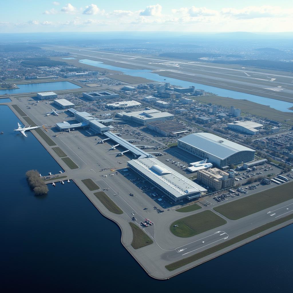 Aerial view of Helsinki-Vantaa Airport, the main international airport in Finland, showcasing the modern architecture and extensive runway system.