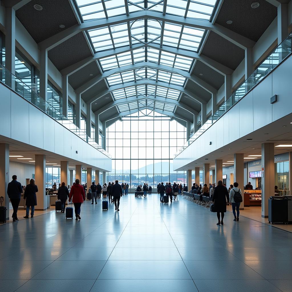 Modern and bright passenger terminal at a regional airport in Finland, with travelers checking in and waiting for their flights.