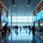 Conceptual visualization of a futuristic airport terminal incorporating advanced technologies and passenger-centric design.