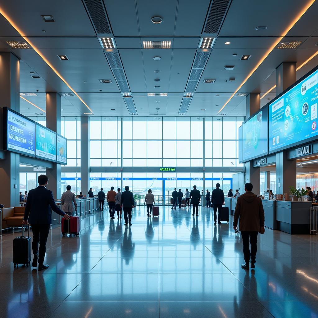 Conceptual visualization of a futuristic airport terminal incorporating advanced technologies and passenger-centric design.