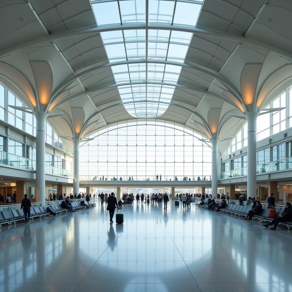 A futuristic airport terminal with a unique curved design, resembling a bird in flight.