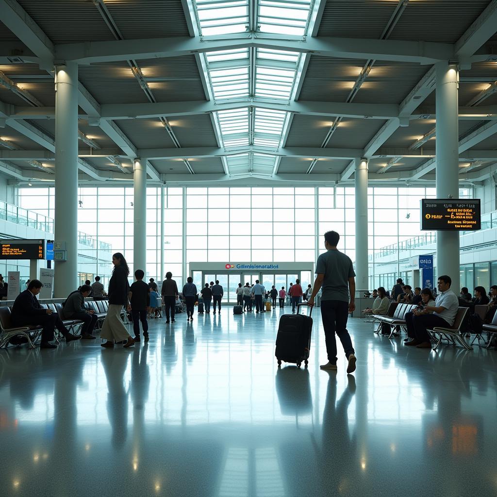 Modern and spacious Gimpo International Airport terminal with passengers and information displays.