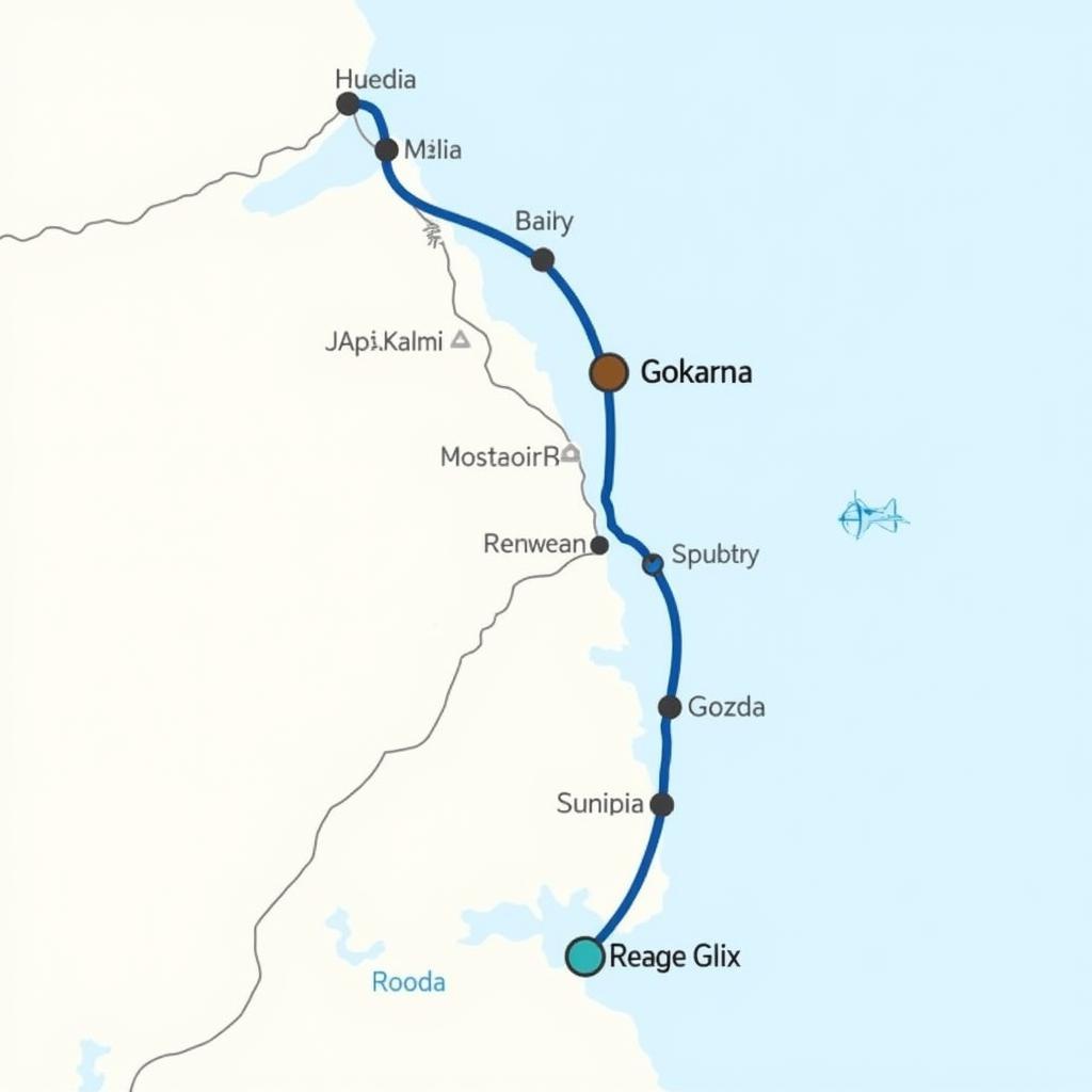 Map showing Gokarna to Goa Airport Route