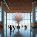 Passengers admiring a large art installation in Hamad International Airport.