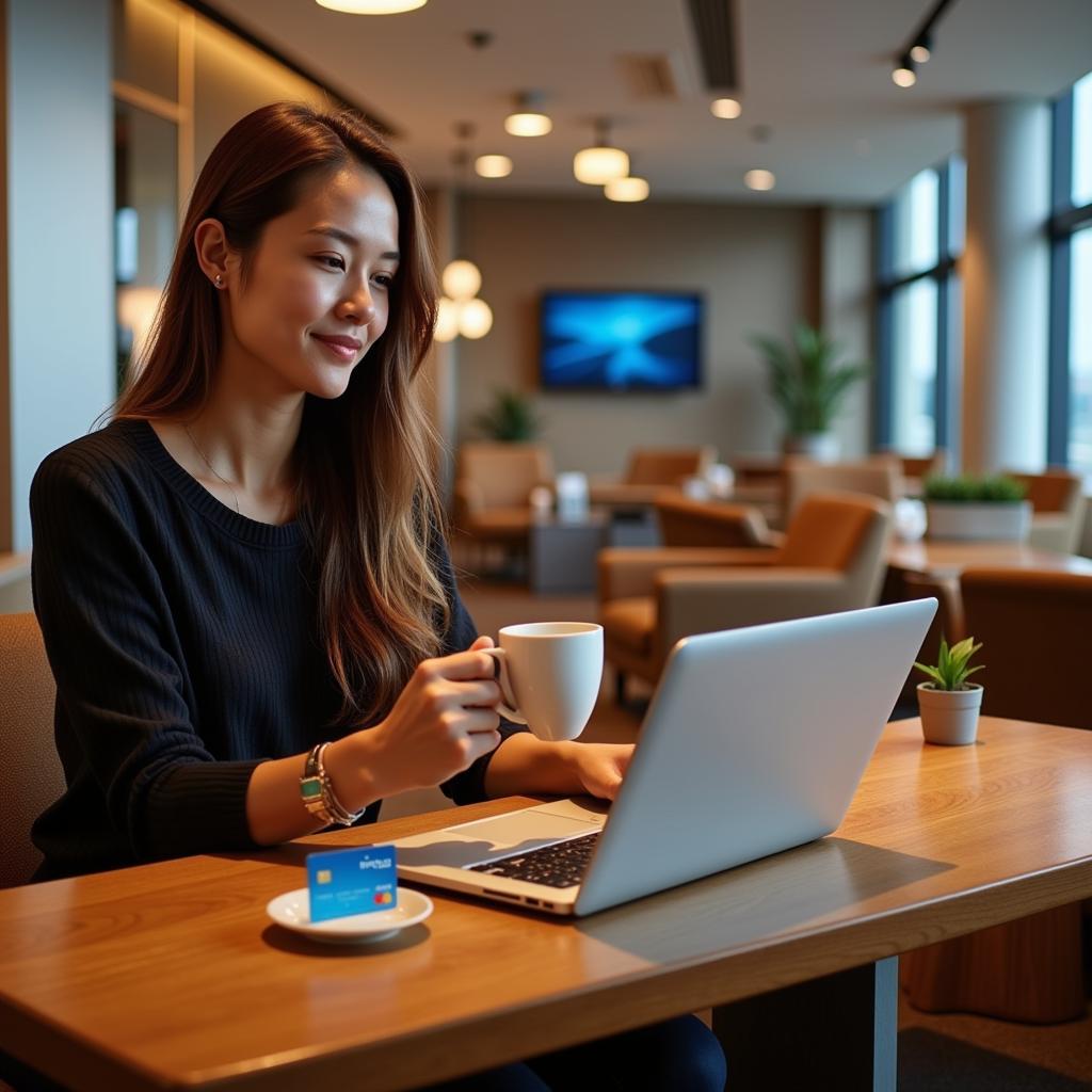 HDFC Regalia Airport Lounge Access: A traveler relaxing in an airport lounge with their HDFC Regalia card.