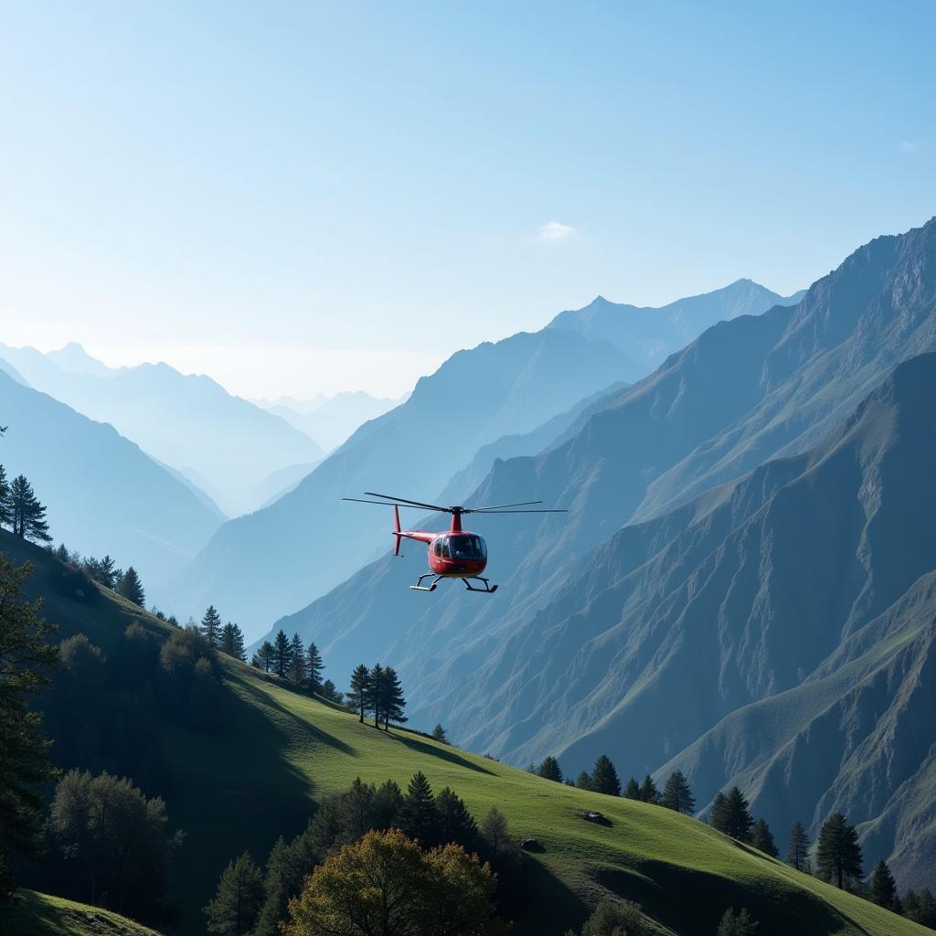 Helicopter flying over the mountains to Katra