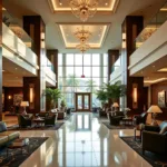 Luxurious lobby of the Hilton Dubai Airport hotel