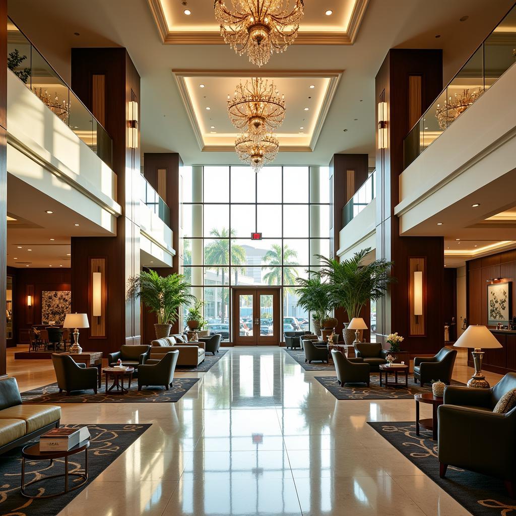 Luxurious lobby of the Hilton Dubai Airport hotel