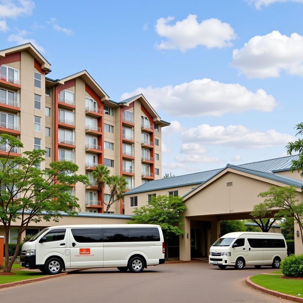 Exterior view of the Hilton Garden Inn Nairobi Airport showing its modern architecture and proximity to the airport.