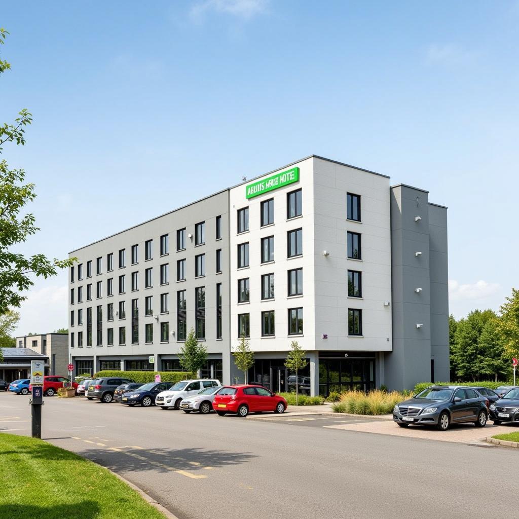 Exterior view of the ibis Amsterdam Airport hotel, showcasing its modern design and convenient location near Schiphol Airport.