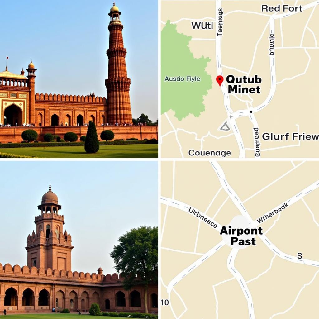 Nearby attractions to Indira Gandhi International Airport, including Qutub Minar and Red Fort.