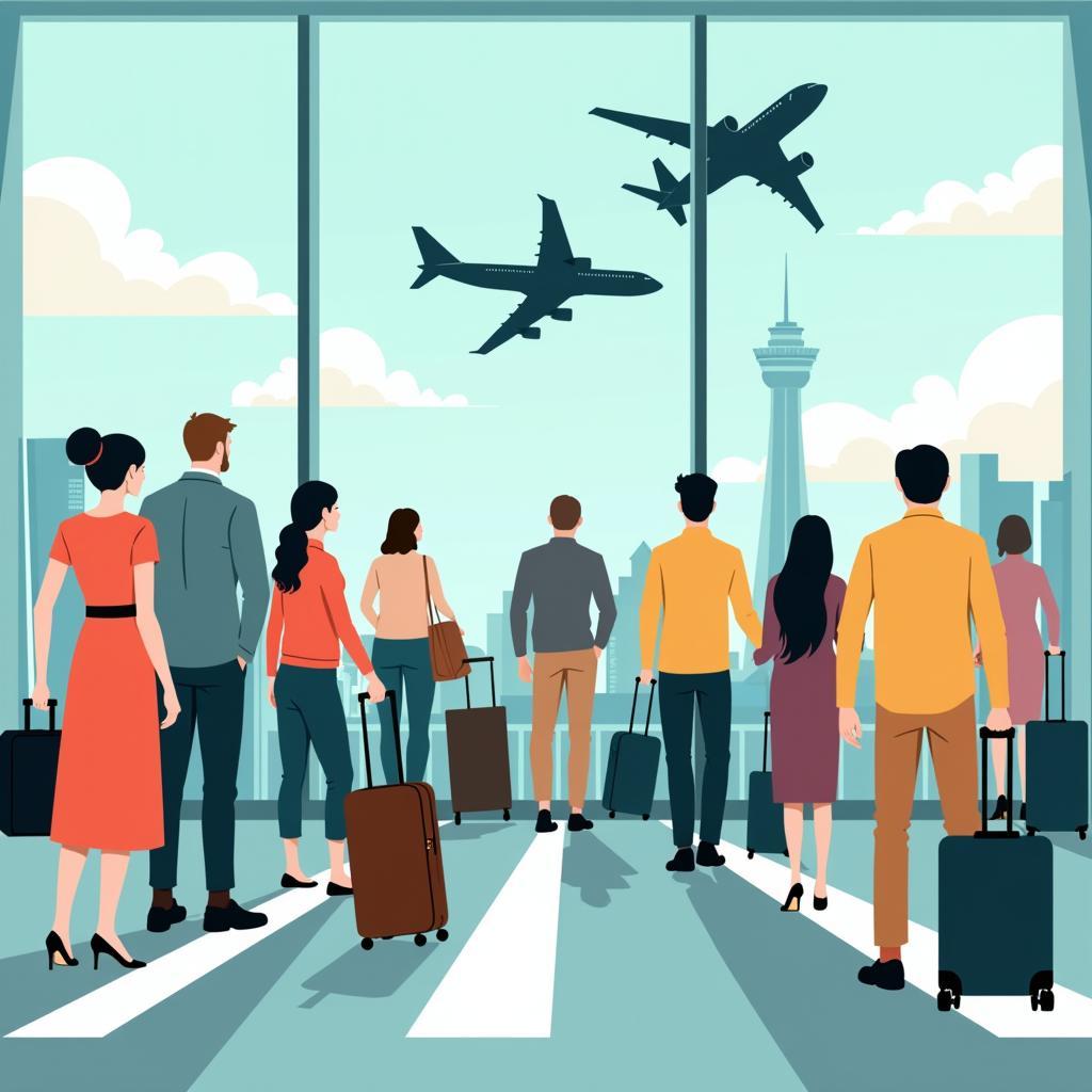 Image depicting the busy interior of an international airport, with passengers from diverse backgrounds and airplanes visible through the windows.