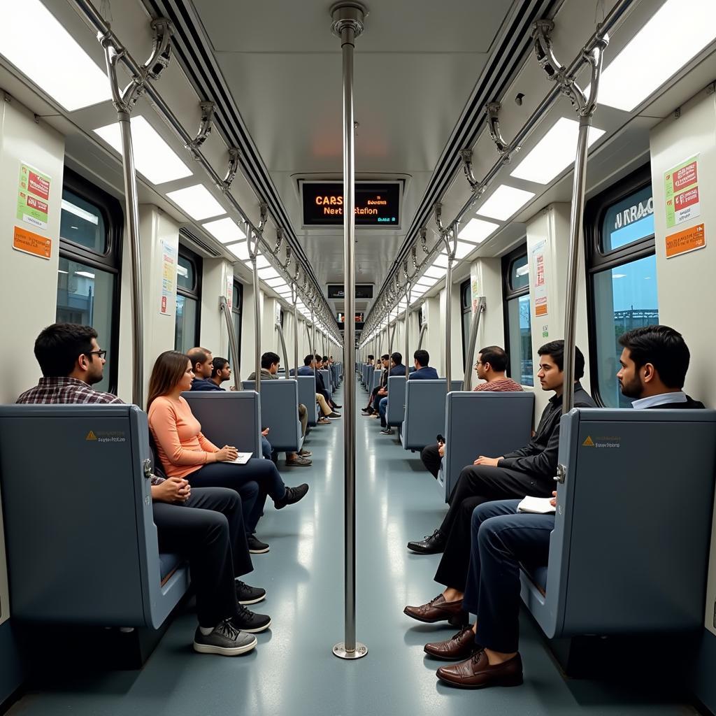 Passengers inside a Chennai metro train heading towards the airport