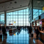 Inside the modern Isfahan Airport terminal, showcasing the spacious and well-lit interior, including check-in counters, waiting areas, and retail spaces.