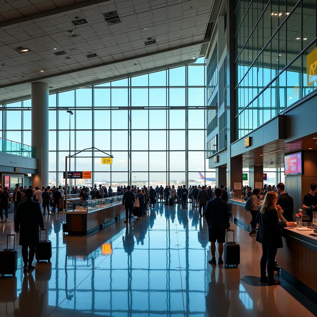 Inside the modern Isfahan Airport terminal, showcasing the spacious and well-lit interior, including check-in counters, waiting areas, and retail spaces.