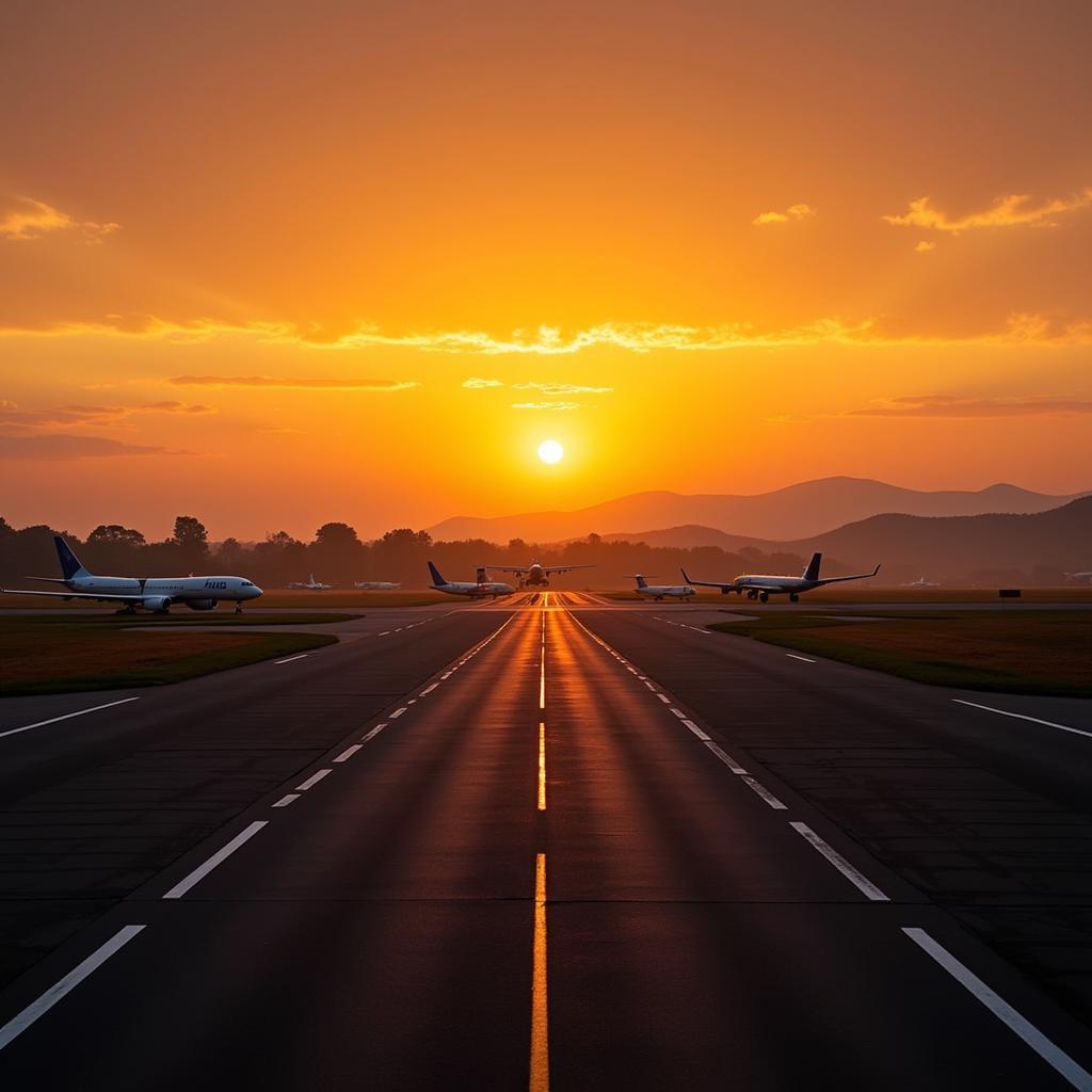 Jorhat Airport Runway at Sunset: A picturesque view of the Jorhat Airport runway during sunset, with aircraft parked on the tarmac.