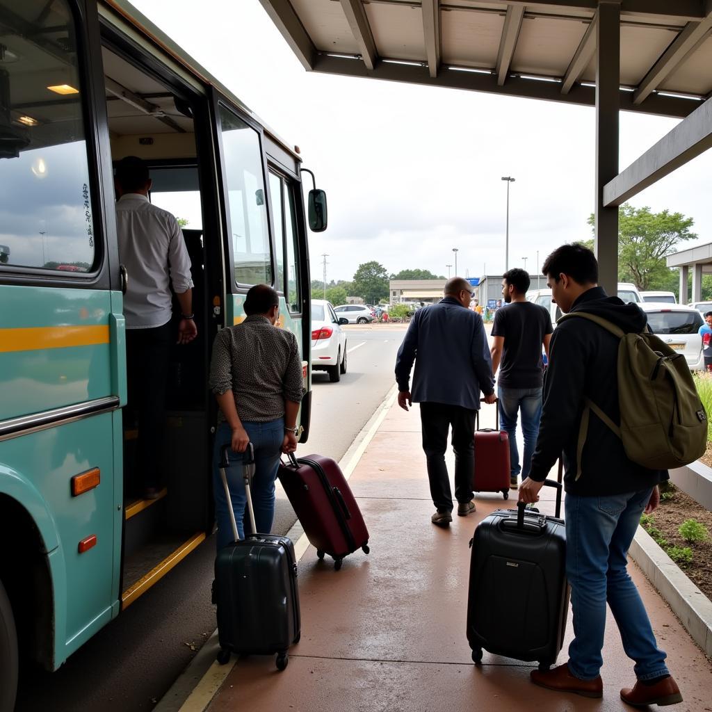 Passengers boarding a bus at the Kadugodi bus stop, heading towards the airport.