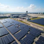 Kochi Airport Solar Panel Installation: A vast array of solar panels installed across the airport's grounds, on rooftops, carports, and dedicated fields.