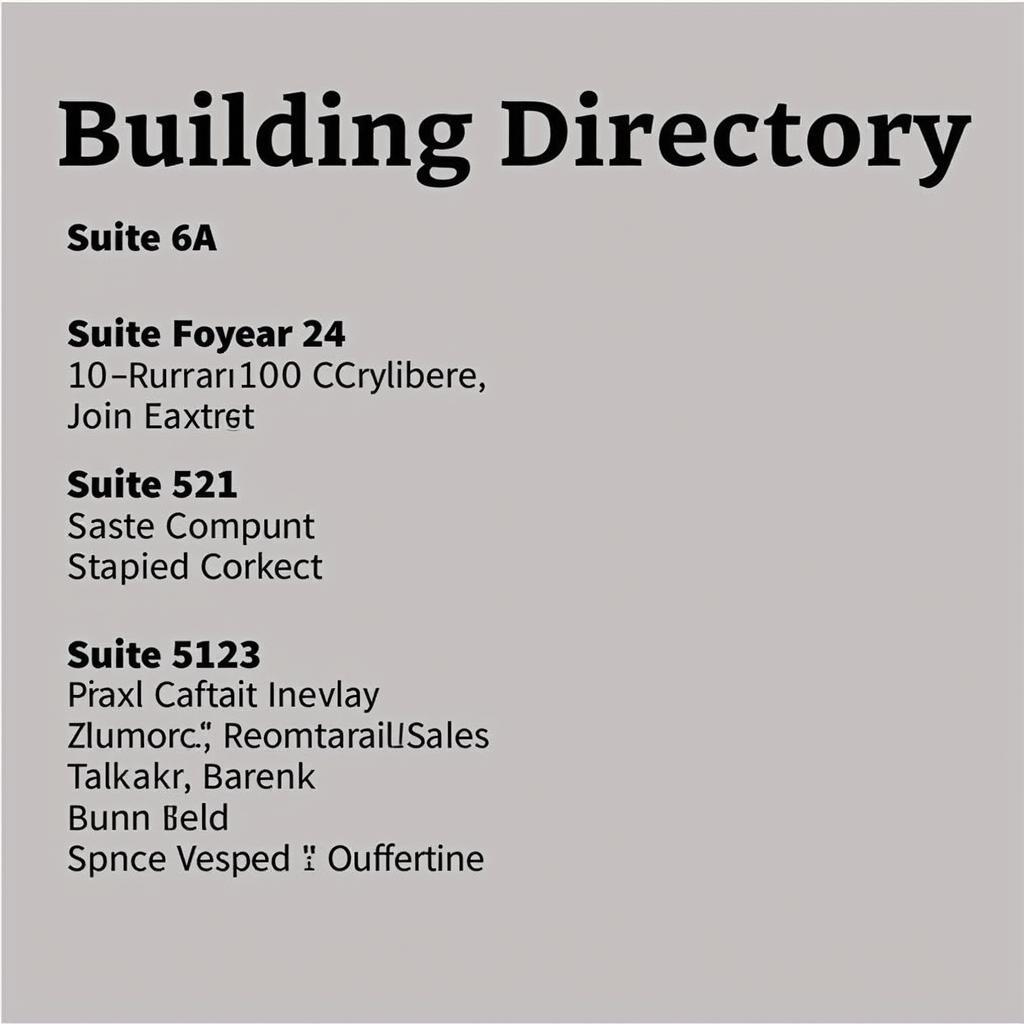 A photograph of the building directory at 725 Airport Road, highlighting Suite 6A and its corresponding business.