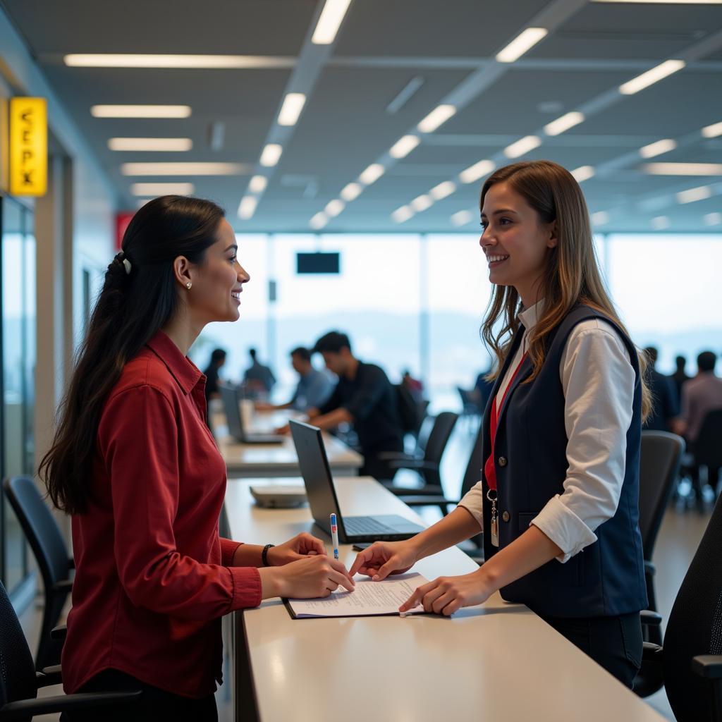 Passenger service representative assisting travelers at Lucknow Airport