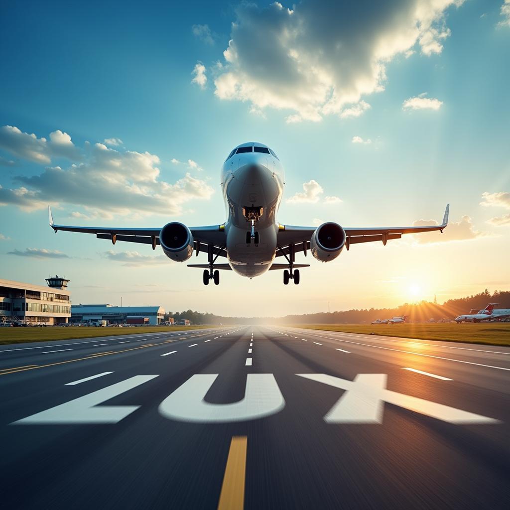 Aircraft taking off from the runway at Luxembourg Airport