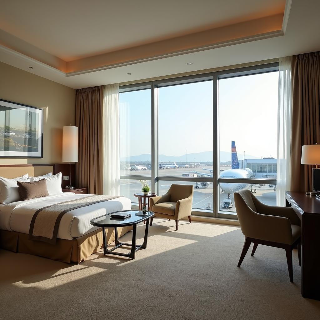 Luxury Hotel near Pune Airport with 24 Hour Service:  A luxurious hotel room with a view of the airport in the distance.