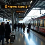 Malpensa Airport Train Station: Passengers waiting to board the Malpensa Express train to Milan city center.