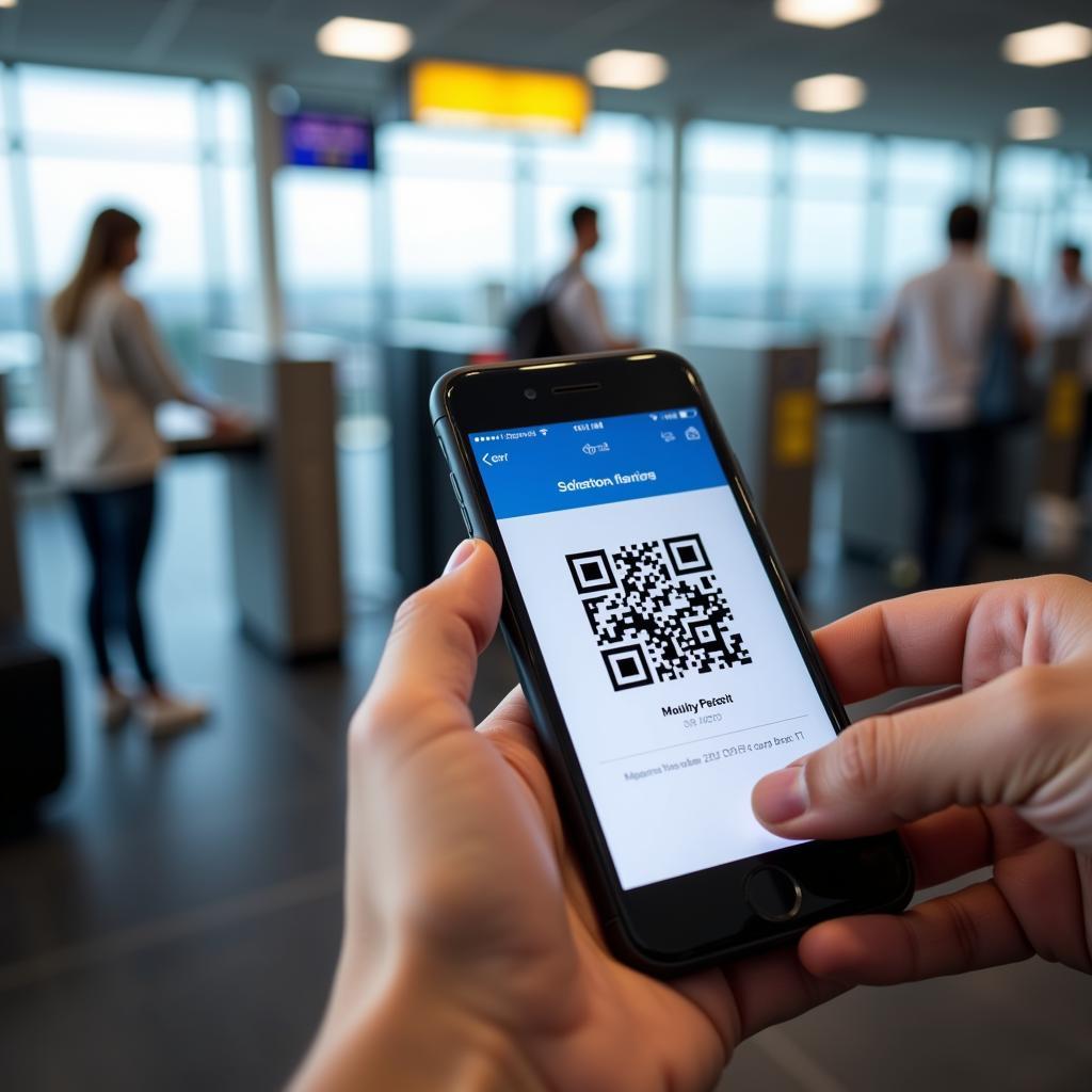 Using a mobile boarding pass on a smartphone at the airport.