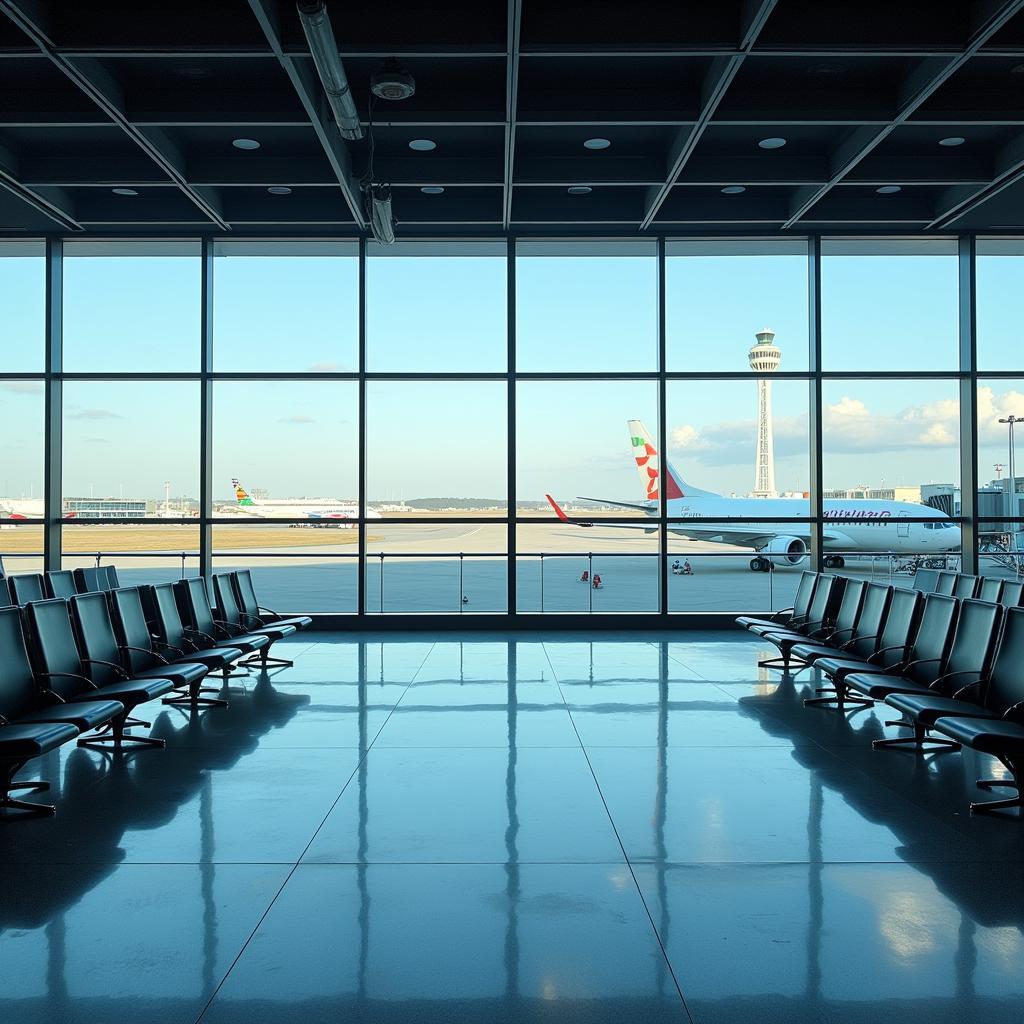 A modern airport terminal with 3M film installed on its windows, showcasing the sleek and professional appearance.