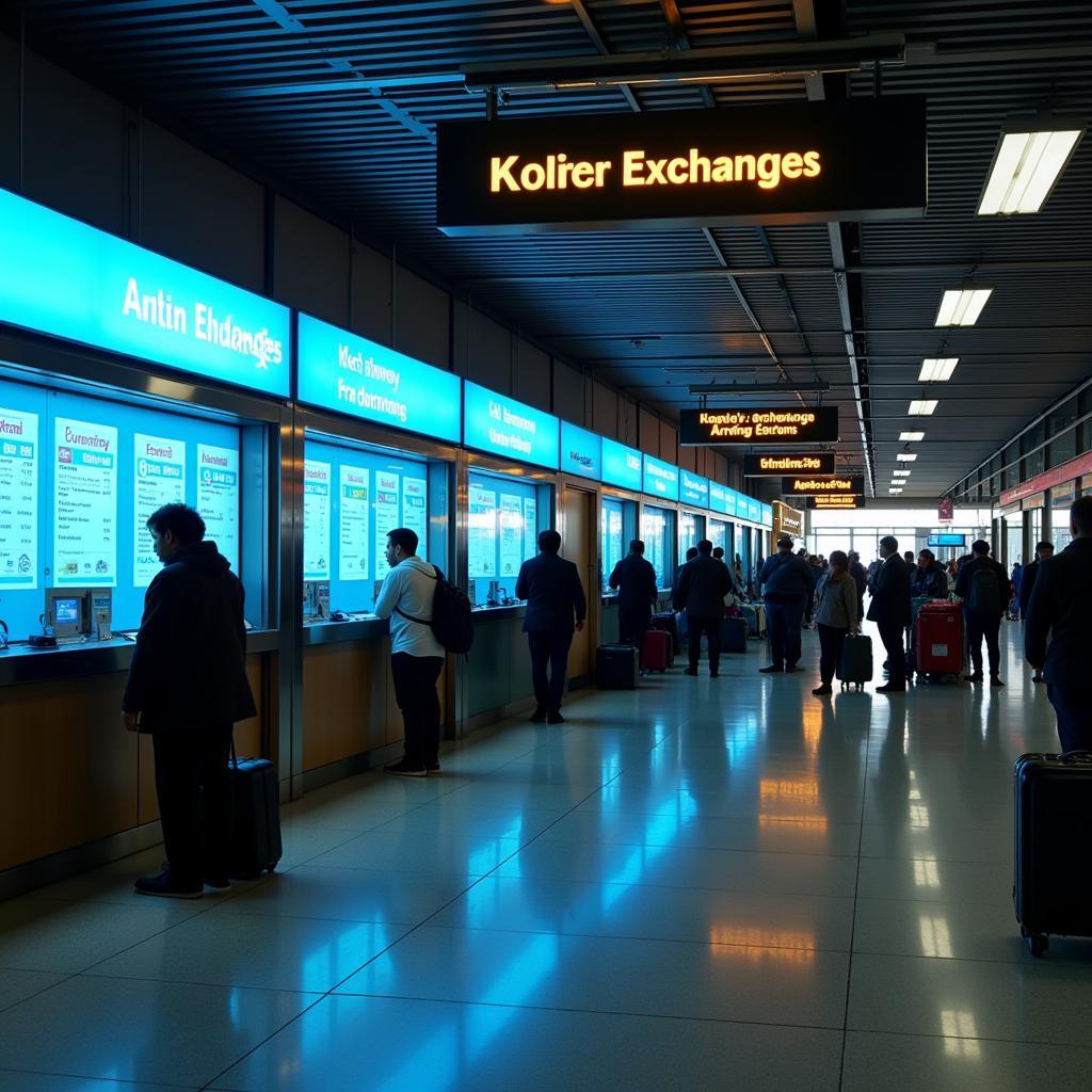 Money exchange counters inside Kolkata Airport arrivals area