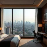 Mumbai Airport Luxury Hotel View: A stunning view of the city skyline from a luxurious hotel room near the airport.