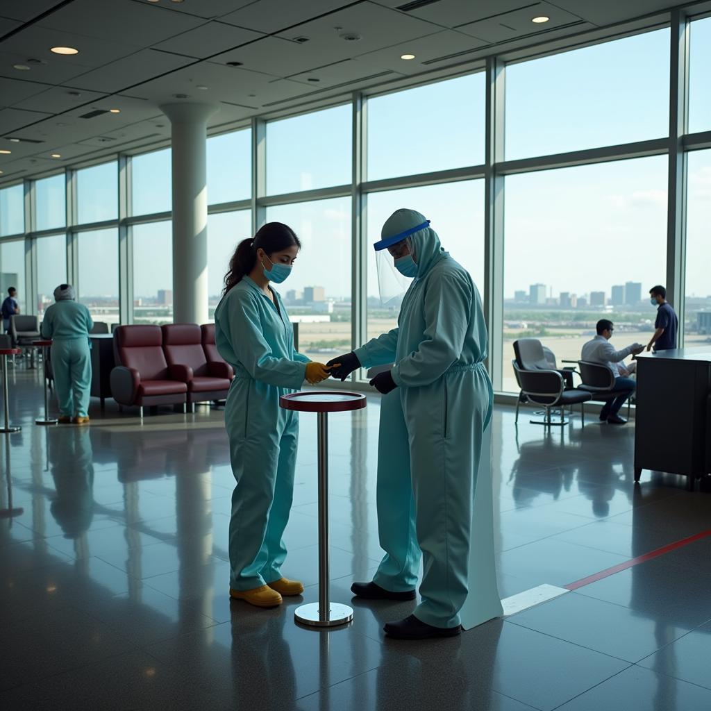 Sanitization Measures at Mumbai Airport - Cleaning staff disinfecting surfaces