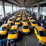 Mumbai Airport Taxi Stand - Travelers waiting for taxis at the arrival terminal.