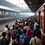 Crowded train platform at Mumbai Airport