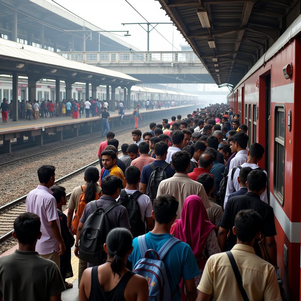 Crowded train platform at Mumbai Airport