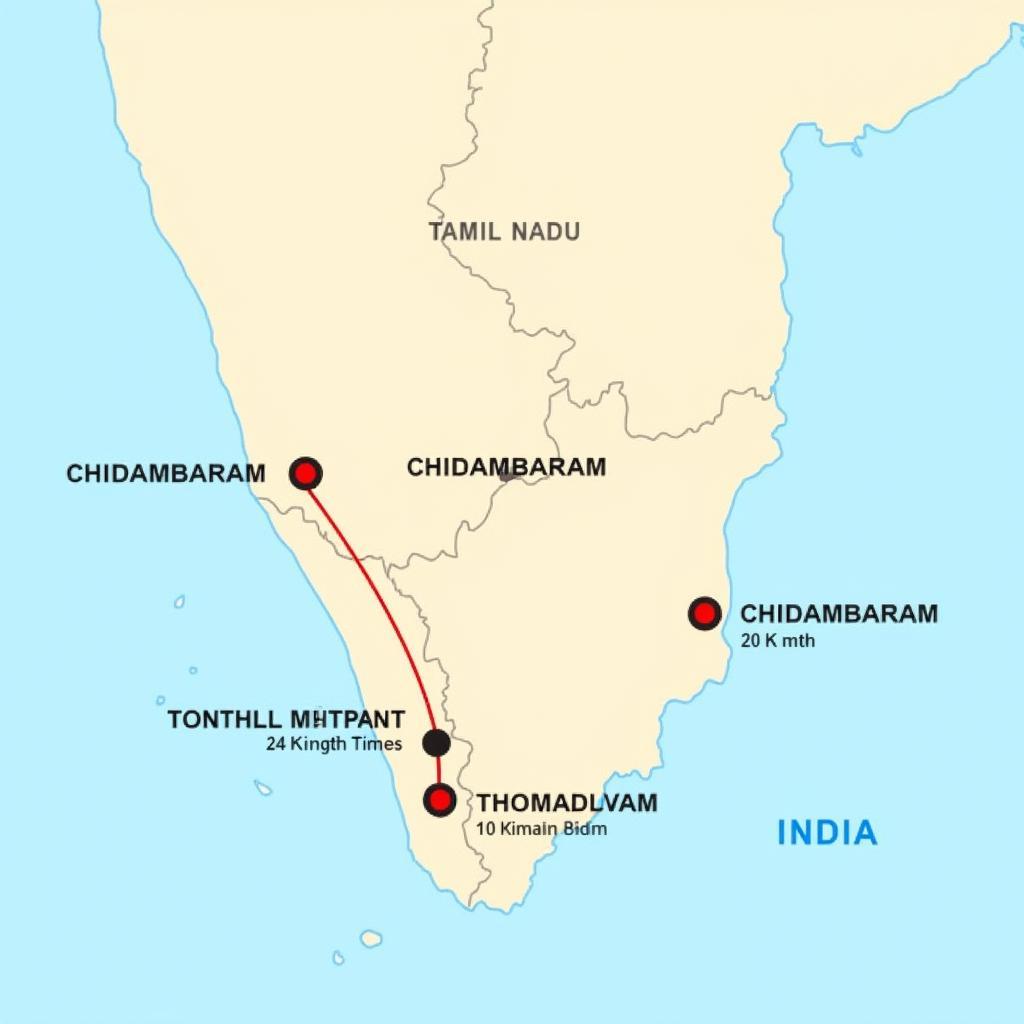 Map showing Chidambaram and nearby airports