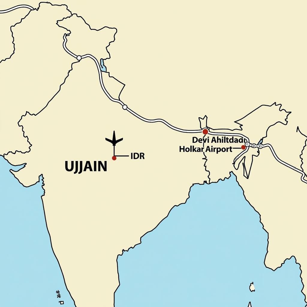 Map showing Ujjain and Indore Airport