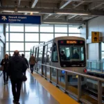 Newark Airport AirTrain Platform: Passengers boarding the AirTrain monorail.