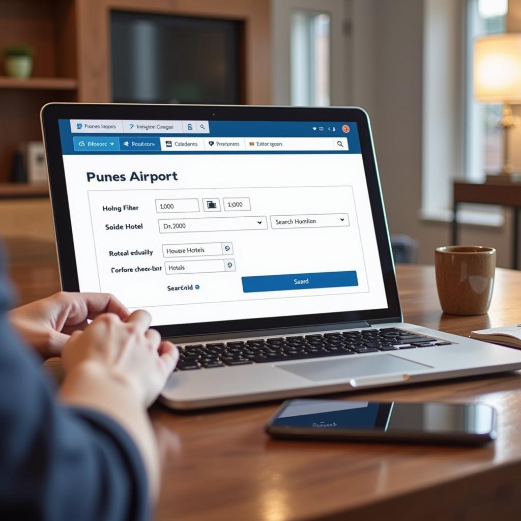 Online Travel Agency Booking for Pune Airport Hotels:  A person using a laptop to browse hotel options on an online travel agency website.