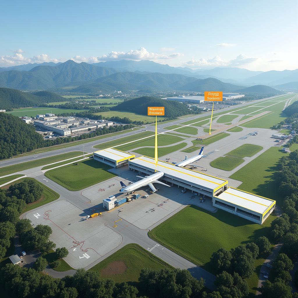 Aerial view of Pakyong Airport with future expansion plans illustrated